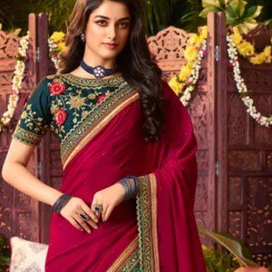 Wedding Guest Saree in Blue Pink Gold Floral